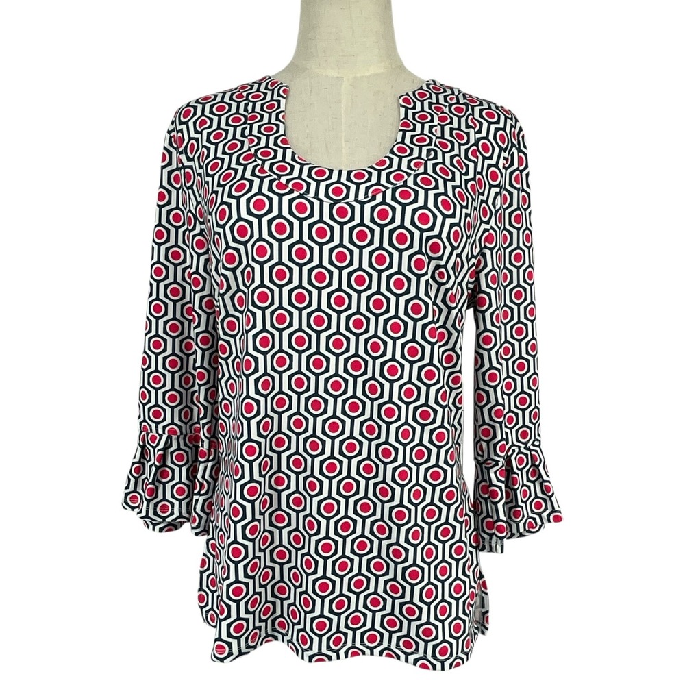 Ermas Closet Pink‎ Navy Geometric Honeycomb Print Bell Sleeve Top Womens Small